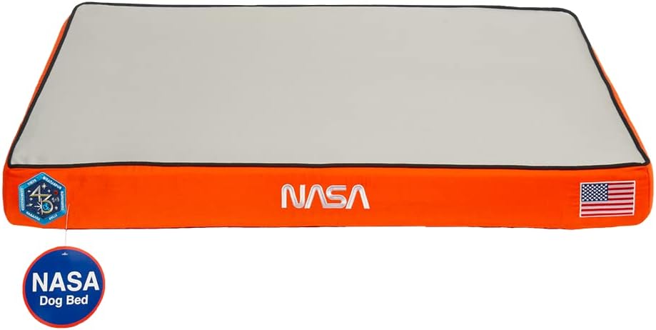 NASA Limited Edition Dog Bed by Wag | Cooling Gel Infused Memory Foam | Out-of-This-World Supportive Orthopedic Foam | Machine Washable Cover and Water Resistant Liner | Medium, Astro Orange