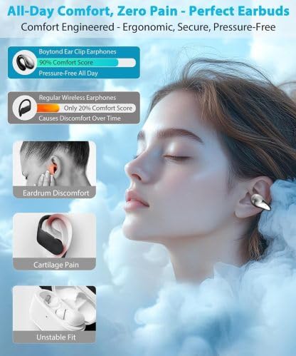 Image of Ultra Open Ear Earbuds - Comfortable Clip-on Bone Conduction Headphones, Wireless Bluetooth Earphones with Waterproof Design, Over Ear Buds for Running and Sports, Crystal Black