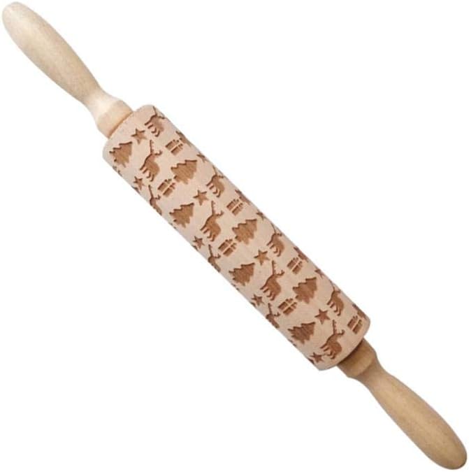 Goglor Christmas Rolling Pin with Pattern Embossed Wooden Engraved Embossing Wood Roller Pin With Christmas Tree Deer/Elk Patterns For Baking Cookies With Xmas New Year Creative Gift