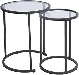 Amazon Brand - Umi Round Black Nest of Side End Tables Set of 2 with Clear Glass Tops for Living Room Bedroom