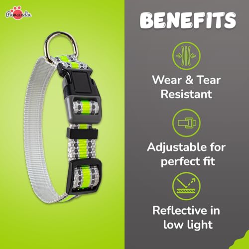 Image of Pawsindia Reflective Collar with Name Tag for Small & Medium Dogs, 0.75 Inches Wide and Adjustable Length Comes with Customize Name Tag - Green