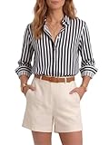 Women’s Long Sleeve Button Down Shirt, Classic Striped Blouse with Pearl Buttons, Casual & Dressy Tops for Women, Comfortable Polyester Blouse for Work & Everyday Wear (Navy)-S