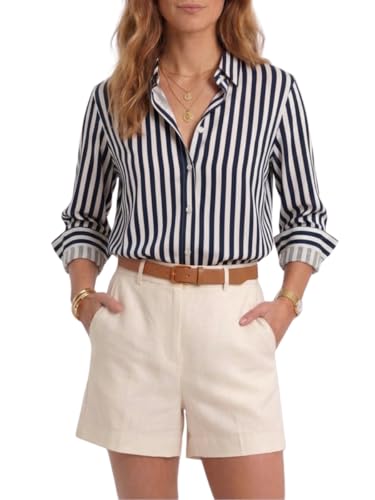 Women’s Long Sleeve Button Down Shirt, Classic Striped Blouse with Pearl Buttons, Casual & Dressy Tops for Women, Comfortable Polyester Blouse for Work & Everyday Wear (Navy)-M