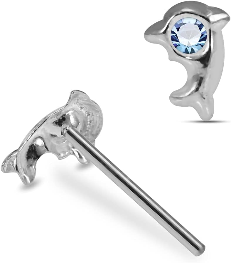 Crystal Stone Dolphin Design 22 Gauge 925 Sterling Silver Straight Nose Pin - Nose Stud - Tiny Nose Ring - Nose Piercing Body Jewelry
