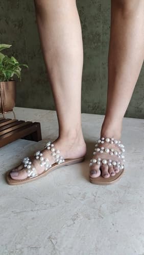 Image of Tan Festive Pearl Flats | Stylish | Slip-on | Casual | Comfortable Sandals for Women