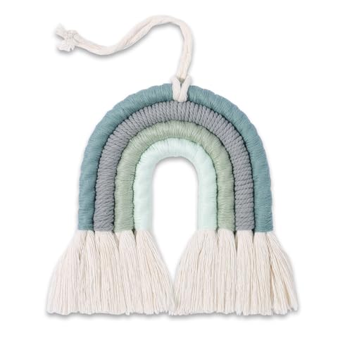 ZWA Rainbow Wall Hanging, Handmade Macrame Wall Art for Nursery Kids Room Home Decor (Green+Grey Rainbow, 4 Lines, 5.5