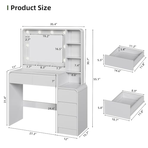 Image of 39.3 inch Makeup Vanity Desk with Charging Station, White Makeup Dressing Table with Mirror & Lights, 3 Lighting Modes Adjustable Brightness, Vanity Table with Power Outlet & 5 Drawers Curved Design