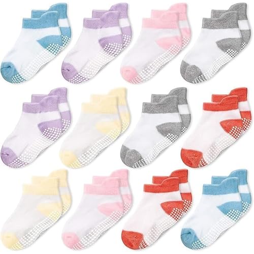 CozyWay Baby & Toddler Socks with Grips - Non-Slip Grip for Crawlers & Walkers, Grippy Socks for Toddlers - Soft Cotton Traction Dots, Baby Non-Slip Pair - 6-12 Months, White Multicolor, Pack of 12