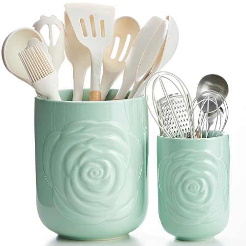 EtooCafe Large Utensil Holder Set of 2, 7.5"+ 5.5" - Ceramic Rose Kitchen Countertop Utensil Crock for Spatulas, Spoons & Cooking Tools, Farmhouse Kitchen Counter Decor, Green