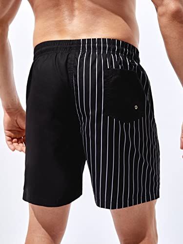 Soly Hux Swim Trunks For Men Striped Drawstring Board Shorts Beach Swimwear With Pockets Black Letter M #TOP1