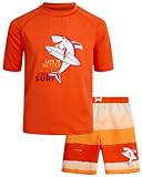 iXtreme Boys' Rash Guard Set - 2 Piece UPF 50+ Quick Dry Swim Shirt and Bathing Suit (12M-18), Size 8, Orange Shark Surf