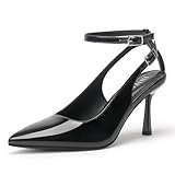 IDIFU Black Slingback Heels for Women Pumps Closed Toe High Stiletto Heels Pointed Toe Ankle Strap Dress Shoes Wedding Bridal Party Work Fashion Sexy Comfortable Pumps(Black Pat, 7)