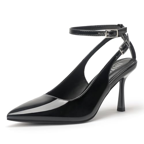 IDIFU Black Slingback Heels for Women Pumps Closed Toe High Stiletto Heels Pointed Toe Ankle Strap Dress Shoes Wedding Bridal Party Work Fashion Sexy Comfortable Pumps(Black Pat, 7)