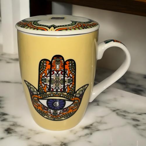 MIELIMON Taza para te de ceramica con tapa y filtro de acero inoxidable- tazon porcelana con filtro tea 11cm - Taza infusion modelo tropical 350ml (beige)