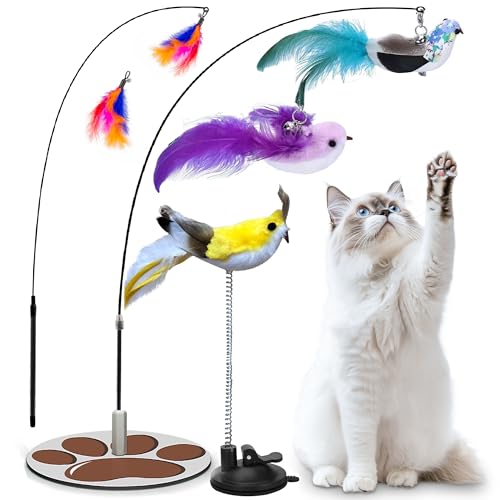 Interactive Cat Toy for Indoor, Includes Metal Base, Suction Cup Cat Base, Cat Wand,Bird Simulation Toys and Feather Toy, Set of 7 PCS