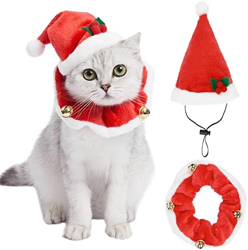 VALUCKEE Adorable Christmas Costumes for Cat, Santa Hats and Collar with Jingle Bells for Pets, Adjustable Xmas Outfit Suit Clothes Set for Pet Cat Puppy Dog, Xmas Gift Present