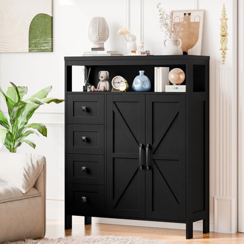 Image of Vabches Farmhouse Storage Cabinet with 2 Doors and 4 Drawers, Pure Black