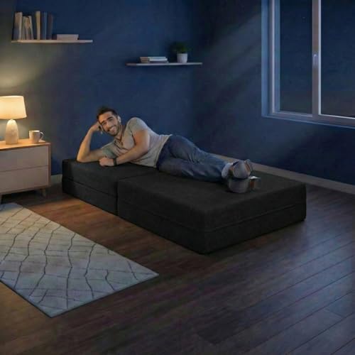 Image of C-Type Sofa Bed 3x6 Ft with Pouffe - Jute Fabric Convertible Floor Sofa Cum Bed with Wide Arm Support for Living Room & Guest Room - Black Color