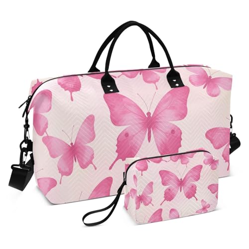 Butterflies Pink Travel Duffel Bag, Shoulder Weekender Overnight Bags - Large Gym Bag with Wet Pocket