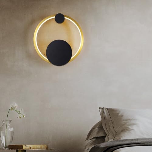 Apliques de pared interior LED redondos de diseño geométrico en color negro y dorado con luz cálida