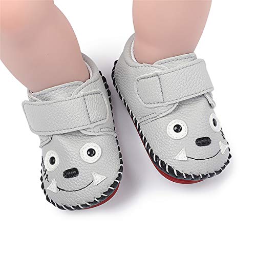 LAFEGEN Baby Boys Girls Walking Shoes Hard Bottom Non Slip PU Leather Outdoor Sneaker Infant Carton Slipper Toddler First Walker Crib Shoes(3-18 Months) 12-18 Months Toddler, 01 Grey Wolf