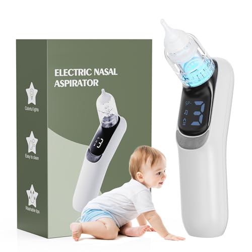 Nasal Aspirator for Baby, Electric Nasal Aspirator for Toddler & Baby, Rechargeable Baby Nose Sucker, with 3 Silicone Tips Baby Nasal Aspirator, Soothing Light & Music, 3 Suction Levels, White