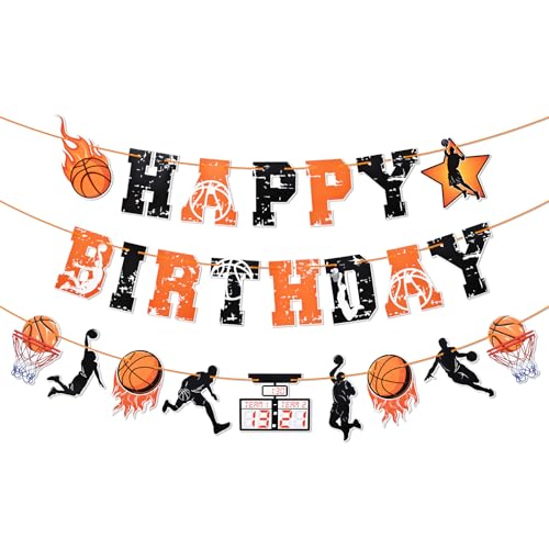 Basketball Happy Birthday Banner - Orange and Black Sports-Themed Party Decoration with Basketball Hoops and Fireball Design, Pre-Assembled, No DIY Required, Festive Indoor Outdoor Birthday Party Supplies
