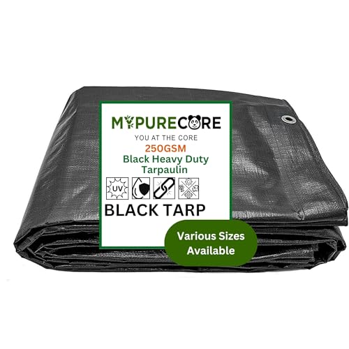 MYPURECORE Heavy Duty Waterproof Tarpaulin - Black Tarp for Outdoor Protection - Durable Groundsheet, Tent Shield, Trailer & Trampoline Cover - UV & Weatherproof Sheet for Camping & Garden (2x2m)