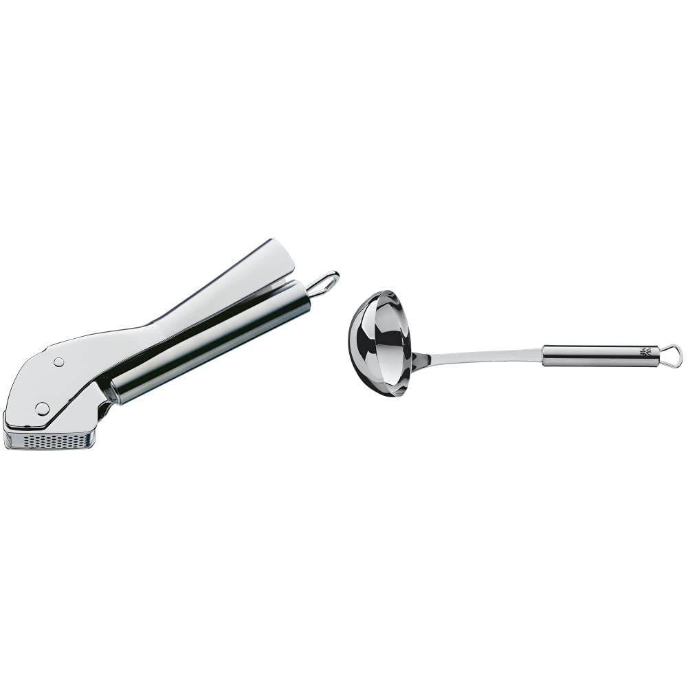WMF Profi Plus Knoblauchpresse 17,5 cm, Cromargan Edelstahl, spülmaschinengeeignet & Profi Plus Suppenkelle 30 cm, Saucen-/ Schöpflöffel, Cromargan Edelstahl teilmattiert, spülmaschinengeeignet