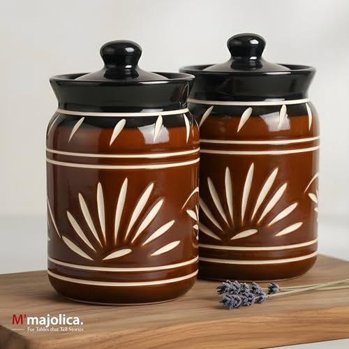 Image of Printed Ceramic Handglazed Pickle Jars Set of 2-1000 ML Each | 1 kg Achaar Martban Barni Jar with Lid | Ceramic Storage Jar Container Pickle /Achar, Chatney