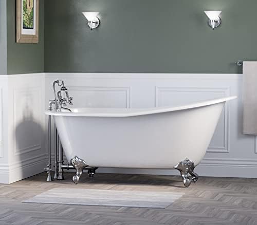 67" Cast Iron Clawfoot Slipper Tub with Chrome Deck Mount Plumbing Package-"Clay"