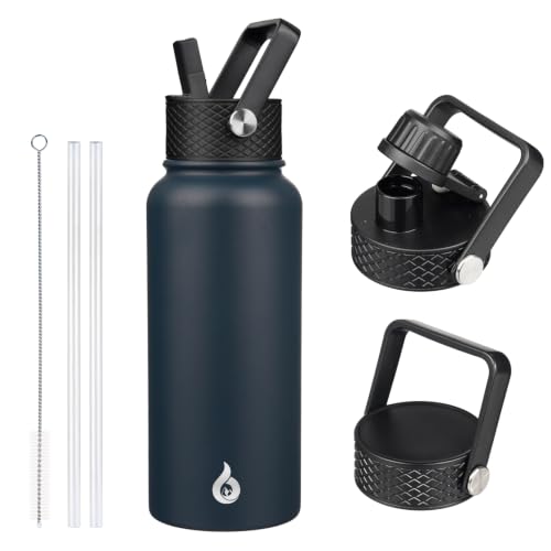 Image of BJPKPK Insulated Water Bottles with Straw Lid, 32oz Metal Large Water Bottle with 3 Lids, Reusable Leak Proof BPA Free Thermo, Stainless Steel Tumblers for Sports, Gym, Travel-Navy Blue