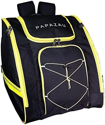 PAPAZAU Ski Boot Bag – Skiing and Snowboarding Travel Backpack – Stores Gear Including Jacket, Helmet, Goggles, Gloves & Accessories (Yellow trim)