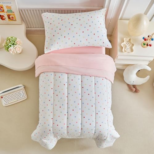 GIGBEI pink polka dots microfiber comforter toddler bedding set, 4 piece set, girls design, adjustable, lightweight, durable, portable, user-friendly, compact,