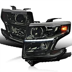SPEC-D TUNING Smoke Projector Headlights w/LED DRL Strip Compatible with 2015-2020 Chevy Tahoe, Suburban Left + Right Pair Headlamps Assembly
