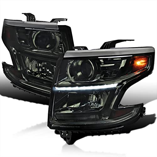 SPEC-D TUNING Smoke Projector Headlights w/LED DRL Strip Compatible with 2015-2020 Chevy Tahoe, Suburban Left + Right Pair Headlamps Assembly