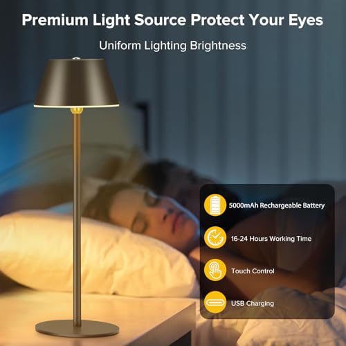 Image of Cordless Table Lamps, LED Rechargeable Battery Operated Lamp with 2 Adjustable Height 3 Colors Stepless Dimming, Touch Control Wireless Desk Lamp for Restaurant,Bars,Coffee Shop (Black Set of 1)