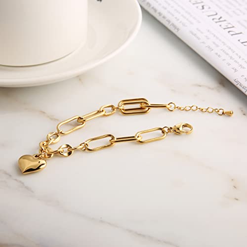 Hzman 6.7 In Stainless Steel Simple Love Heart Charm Bracelet Adjustable Link Chain With Lobster Claw Clasp For Girls Women Romantic Gift (Gold) #TOP3