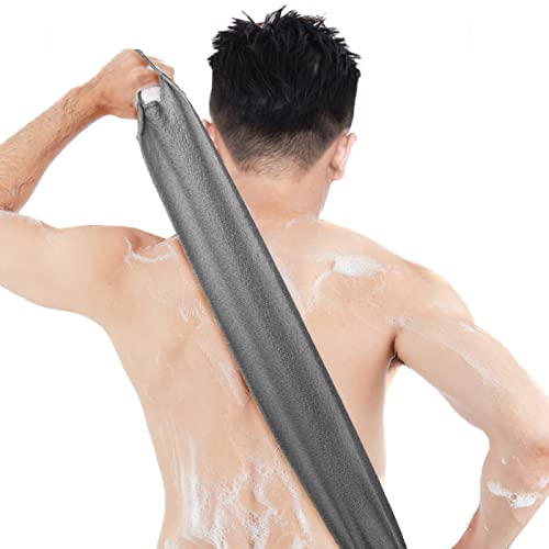 Image of WOVTE 2 Pack Stretchable Back Scrubber for Shower Nylon Exfoliating Washcloth Towel Back Washer with Handles Two Sides Exfoliating Body Scrubber for Men Women Shower Deep Clean Skin Massages
