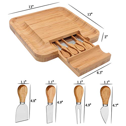 Esup Bamboo Cheese Board Set Cheese Plate 13'' X 13'' With Integrated Slide-Out Drawer And 4 Specialist Cheese Knives Set #TOP1