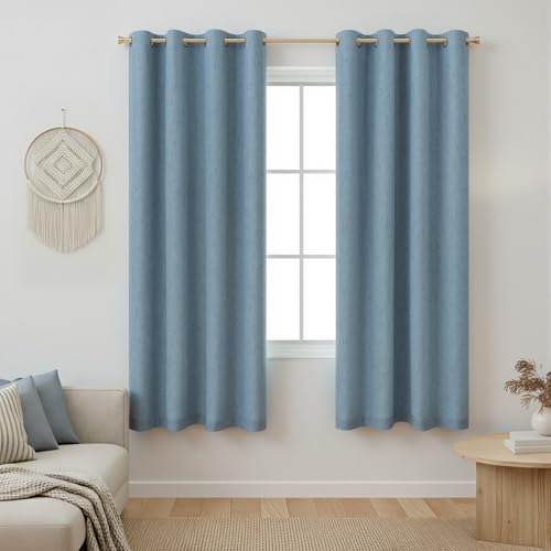Image of 100% Blackout Linen Textured Curtains for Bedroom Full Light Blocking Room Darkening Bronze Grommet Window Drapes Thermal Insulated Energy Efficient Home Decor 52x63 Stone Blue (2 Panels)