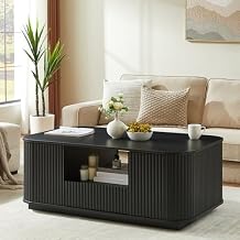46.5 Fluted Coffee Table with Storage for Living Room,Modern Oval Center Table with 2 Drawers,Open Shelf & 2 Compartments,Living Room Table with Curved Profile Design Black