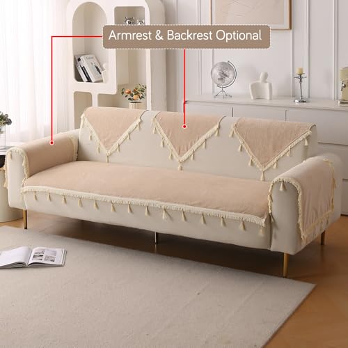 Image of HOKIPO 'Serenity Tassel' Chenille Sofa Cover 6 Seater Set with Tassels - Washable 3+2+1 Sofa Cover Mat | Ivory Fringe (IN-890 + IN-891 + IN-892 - BGE)