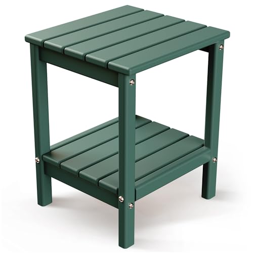 GREENVINES Adirondack-Outdoor-Side-Table | 14 x 13 Inches | HDPE Plastic | All Weather | Forest Green | Outside End Tables | Storage Shelf | for Patio