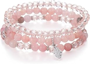 KHOLAD Stackable Crystal Beaded Bracelets for Women Boho Multi Layer Stretch Bracelets Natural Stone Bead Bracelet with Leaf Charm Jewelry for Women (LIGHT PINK)