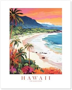 ColorAndFlair Hawaii Travel Print Aloha State Souvenir Ocean Orange Pink Teal Wall Art Tropical Retro Poster HI Landscape Painting 8x10 inches