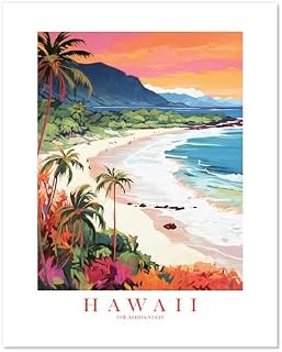 ColorAndFlair Hawaii Travel Print Aloha State Souvenir Ocean Orange Pink Teal Wall Art Tropical Retro Poster HI Landscape Painting (8x10 inches)