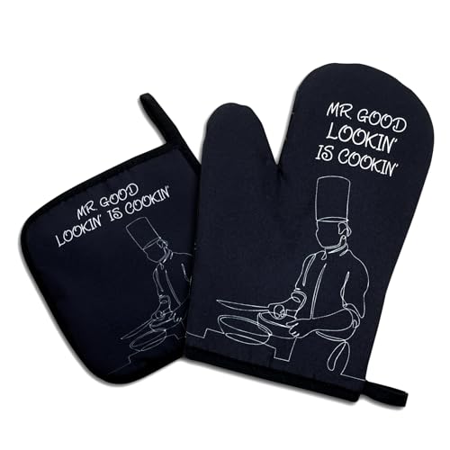 Mr.Good Looking is Cooking,Funny Oven Mitts and Pot Holders Sets of 2,Silicone Non-Slip Oven Mitts,Kitchen Gift for Men,Cooking Baking BBQ Gifts,Chef Gift