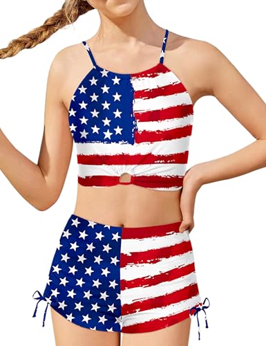 Image of BAVADER Girls Swimsuit 2 Pcs Solid Color Cutout Tankini with Shorts Drawstring Bathing Suit for Girls Swimwear 7-14Y