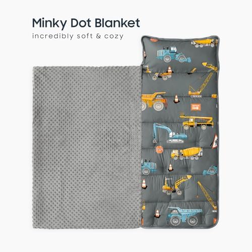 Wake In Cloud - Toddler Nap Mat with Pillow and Minky Fleece Blanket, for Kids Boys Ages 3 Plus in Daycare Preschool Kindergarten, Roll Up Sleeping Bag, Construction Trucks, Dark Gray, Standard